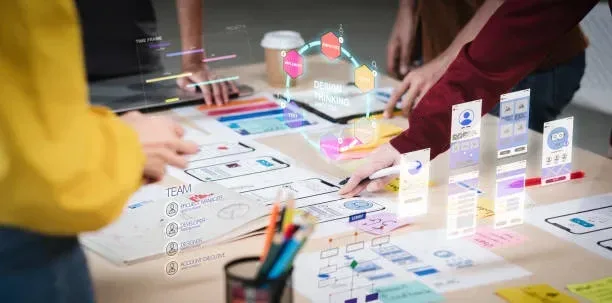 Web design team collaborating on UI wireframes and secure HTTPS website architecture.