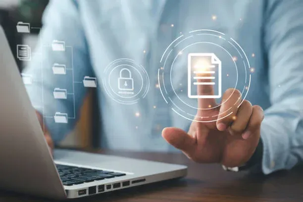 Secure Digital Document Management System A person using a laptop and selecting a glowing document icon alongside secure lock and folder directory graphics.